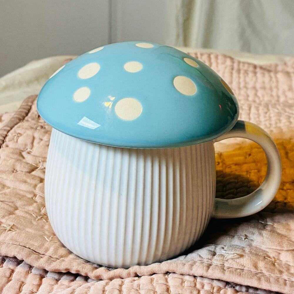 World Market Blue Mushroom Lidded Mug 10 Oz Polka Dot Ceramic Cottagecore